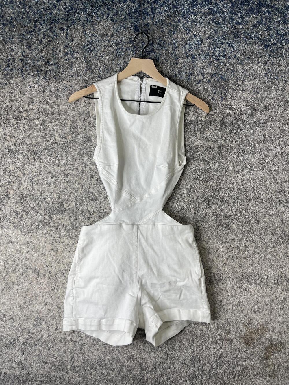 3x1 NYC Romper Womens Medium White Cutout Denim Zip Up Shorts Made In Italy